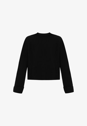 Czarny skrócony sweter z długimi rękawami, okrągłym dekoltem, prążkowanymi mankietami i miękką strukturą dzianiny. Charakteryzuje się minimalistycznym wzornictwem bez ozdób.