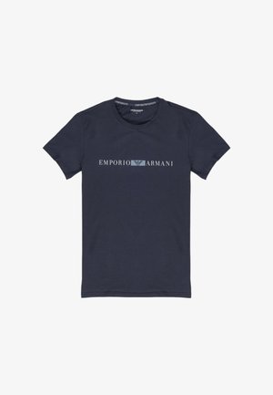 Marineblauwe katoenen t-shirt met ronde hals, voorzien van een witte "Emporio Armani" logo in het midden van de voorkant en korte mouwen.