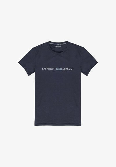 Navy blue cotton t-shirt with a crew neck, featuring a white "Emporio Armani" logo centered on the front and short sleeves.