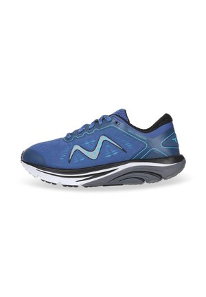 Blue athletic shoes featuring a breathable mesh upper, textured detailing, a layered sole, and contrasting white accents.