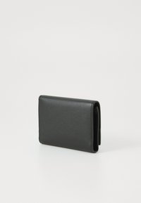 Black bi-fold wallet made of smooth faux leather. Features clean lines and a minimalist design, with stitched edges and no visible hardware.