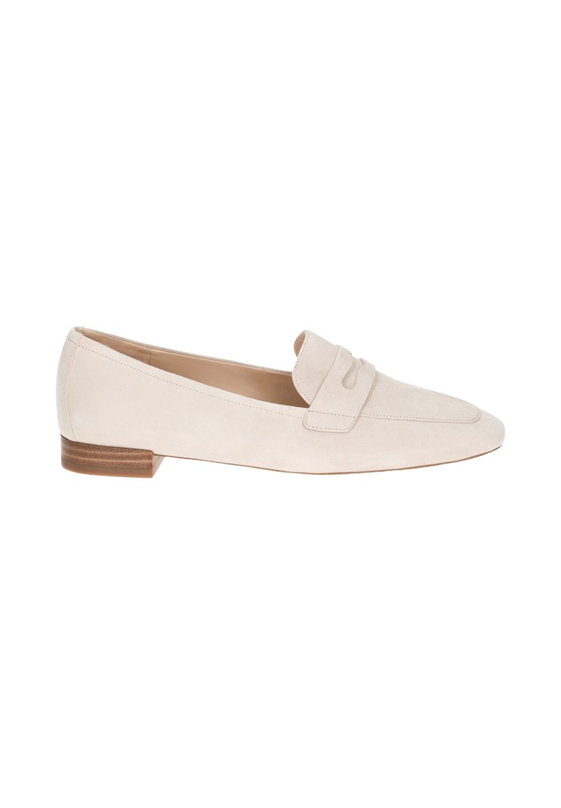 Light beige suede loafers with a pointed toe and subtle stitched detailing. Low wooden heel and smooth sole. Flat design for easy wear.