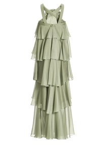 Robe en chiffon vert clair à étages avec bretelles croisées et volants superposés allant du haut jusqu'à l'ourlet.