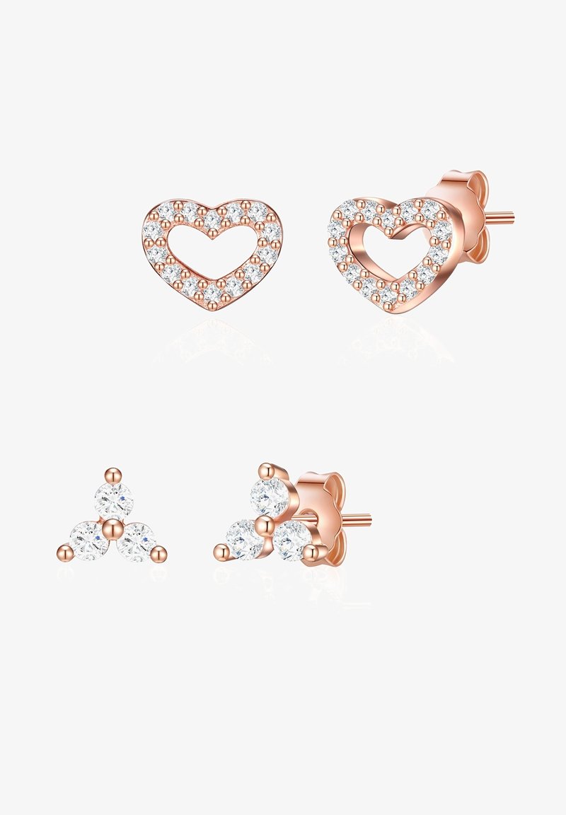 Boucles d'oreilles stud en or rose présentant deux designs : en forme de cœur avec des cristaux ronds et un design en grappe avec trois cristaux ronds.