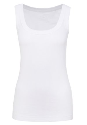 Hvit ermeles tank-top laget av glatt stoff, med rund hals og en tettsittende silhuett. Ingen synlige mønstre eller detaljer.