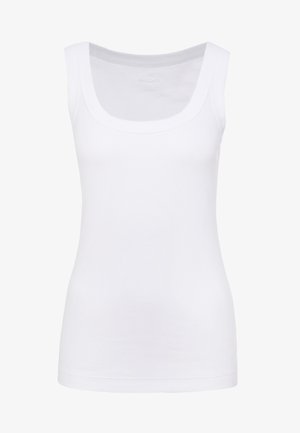 Canottiera bianca senza maniche realizzata in tessuto liscio, caratterizzata da un collo rotondo e una silhouette aderente. Senza motivi o dettagli visibili.