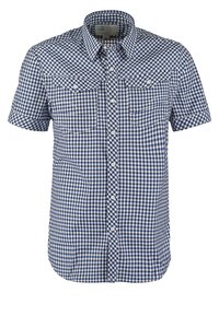 Koszula z krótkim rękawem zapinana na guziki w granatowo-białą kratkę gingham. Posiada dwie kieszenie na piersi oraz gładką fakturę materiału.