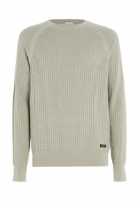 Hellbeige Pullover mit einer strukturierten, wabenartigen Musterung. Verfügt über einen gerippten Rundhalsausschnitt und Ärmelbündchen, mit einem kleinen Logosticker am Saum.