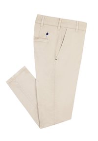 Beige katoenen broek met een rechte pasvorm, voorzien van een achterzak en een klein marineblauw boomlogo op de voorkant. Soepele textuur en op maat gemaakte uitstraling.