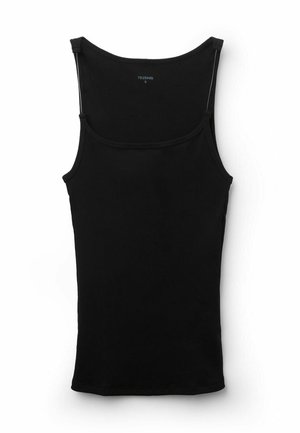 Zwart geribbelde gebreide mouwloze tanktop met dunne schouderbandjes, maat klein, plat uitgespreid op een witte achtergrond.