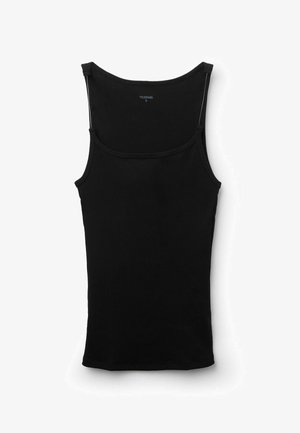 Zwart geribbelde gebreide mouwloze tanktop met dunne schouderbandjes, maat klein, plat uitgespreid op een witte achtergrond.