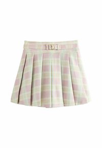 Jupe à carreaux rose pâle avec des plis, présentant des accents verts et bleus. Taille ceinturée avec un petit détail de boucle en or. Texture du tissu douce.