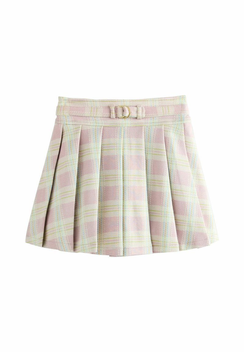 Jupe à carreaux rose pâle avec des plis, présentant des accents verts et bleus. Taille ceinturée avec un petit détail de boucle en or. Texture du tissu douce.