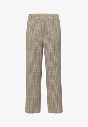 Jasnobrązowe spodnie w kratę o luźnym kroju, charakteryzujące się gładką teksturą i elastycznym pasem dla wygody.