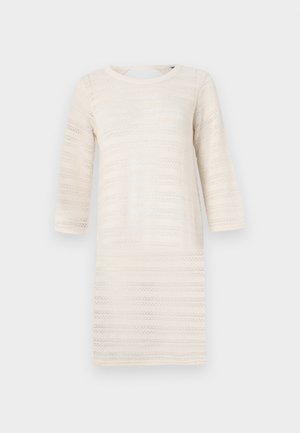 Knee-length cream dress with three-quarter sleeves, featuring a textured pattern of horizontal stripes. Round neckline, lightweight knit material.