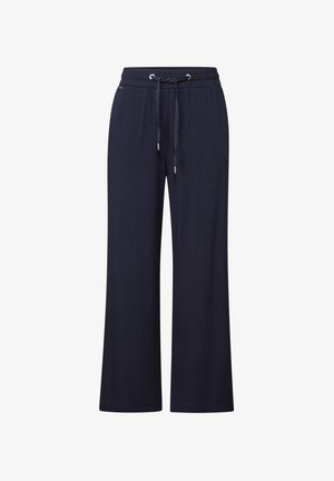 Pantaloni larghi di colore blu navy, realizzati in un tessuto morbido con vita elastica e cordoncino, con sottili accenti metallici argento.