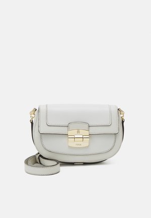 Gray leather crossbody bag with a flap closure, gold hardware, and an adjustable strap. Features a smooth texture and rounded shape.