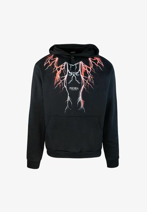 Hoodie nera con una grafica a forma di fulmine in rosso e bianco, dotata di tasca frontale e polsini e orlo a coste. Logo centrato sul petto.