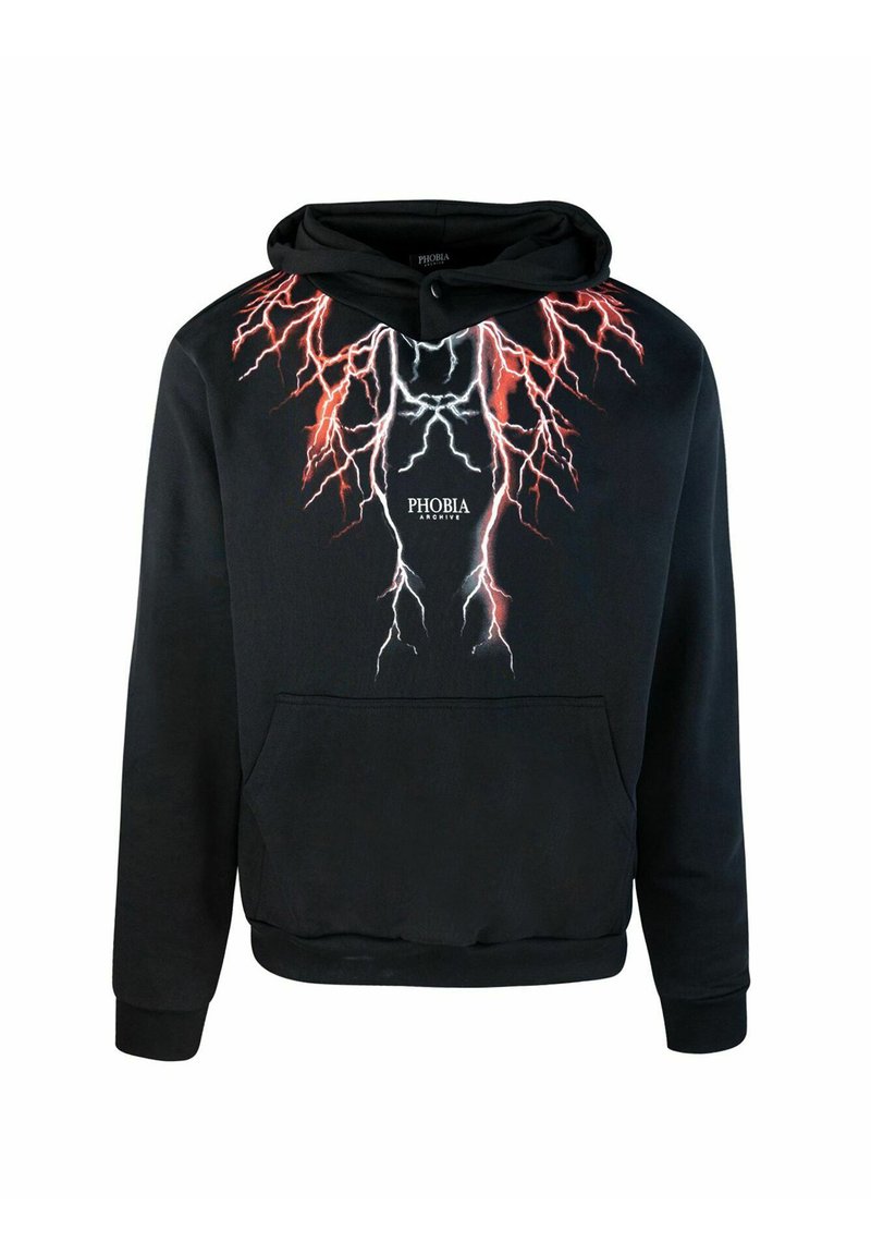 Hoodie nera con una grafica a forma di fulmine in rosso e bianco, dotata di tasca frontale e polsini e orlo a coste. Logo centrato sul petto.