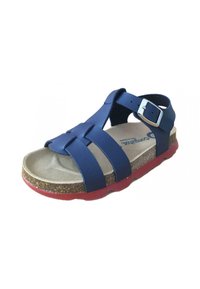 Sándalo de goma azul con correas cruzadas y un hebilla lateral. Plantilla de corcho y suela roja. Diseño ligero adecuado para uso informal.