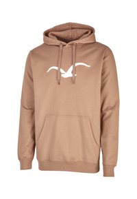 Hoodie marrone in morbido tessuto, con tasca frontale e un grande logo di gabbiano bianco stampato sul petto. Cappuccio regolabile con cordini.