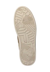 Suela de zapato con un diseño texturizado y patrón; color crema predominante; incluye detalles de marca y etiqueta ecológica.