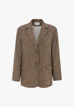 Brun blazer lavet af tekstureret stof med et subtilt vævet mønster. Har to knapper, hakkraver og sidelommer.