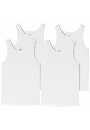 Vier weiße Baumwoll-Tanktops mit breiten Schulterträgern, runden Ausschnitten und geraden Säumen, die zusammen präsentiert werden.