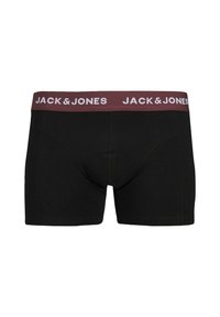 Black boxer shorts with a maroon waistband labeled "JACK & JONES" in white. Features flatlock seams and a fitted design.
