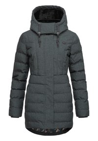 Gray, quilted puffer coat with a high collar and adjustable hood, featuring textured fabric and a floral-patterned inner lining.