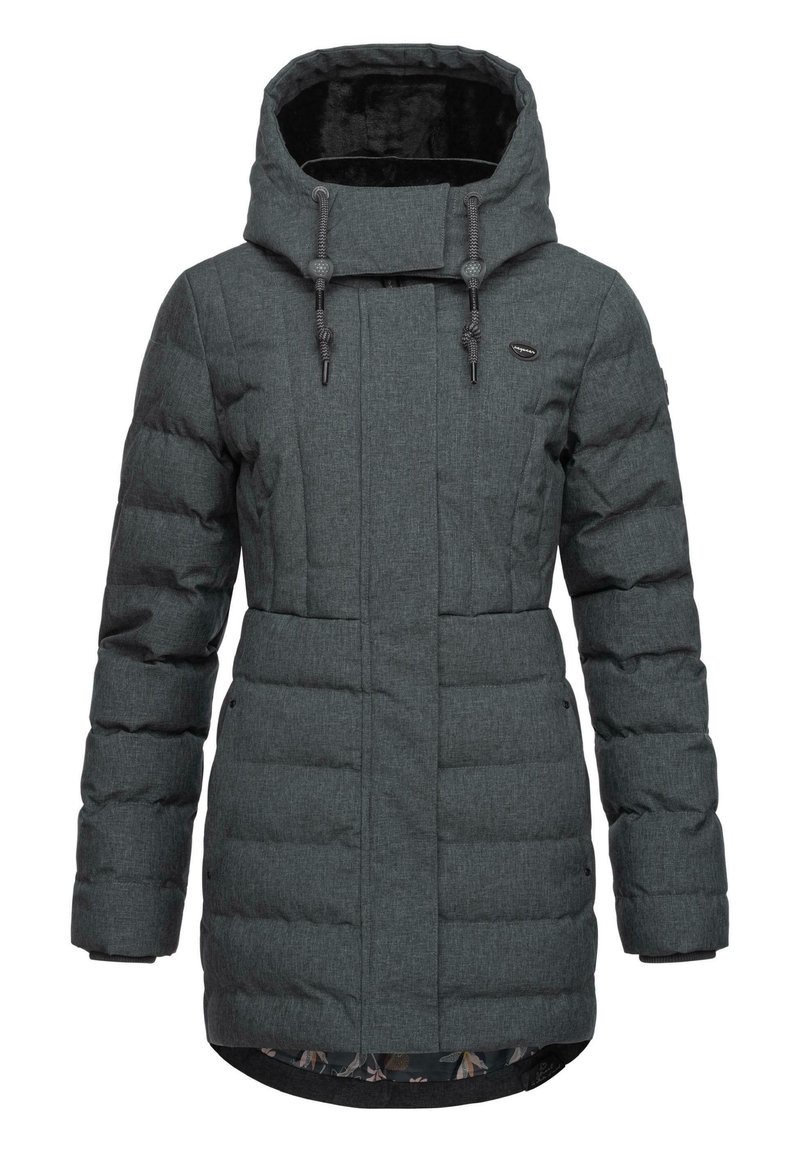 Gray, quilted puffer coat with a high collar and adjustable hood, featuring textured fabric and a floral-patterned inner lining.
