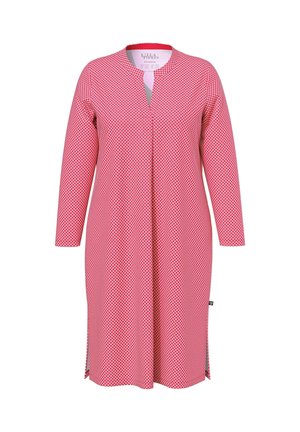 Vestido rojo hasta la rodilla con un estampado geométrico, con escote redondo y mangas largas. Tejido suave y ligero con aberturas en los laterales.