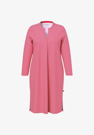 Abito rosso al ginocchio con stampa geometrica, dotato di scollatura rotonda e maniche lunghe. Tessuto morbido e leggero con spacco sui lati.