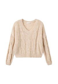 Beżowy sweter w splot warkoczowy z dekoltem w kształcie litery V, skróconym krojem, długimi rękawami i fakturowanym wzorem na całej powierzchni.