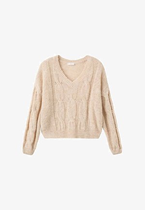 Beige cable-knit sweater med V-hals, cropped design, lange ærmer og tekstureret mønster gennem hele stoffet.
