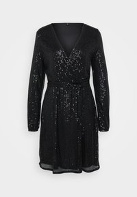 Vestido negro con mangas largas, escote en V y diseño envolvente. Cubierto de lentejuelas para textura y brillo, con una cintura ceñida por un cinturón.