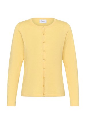 Žltý kardigán s dlhým rukávom vyrobený z mäkkého materiálu, so zaobleným výstrihom a úplným zapínaním vpredu na kontrastné gombíky.