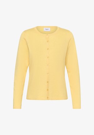 Žltý kardigán s dlhým rukávom vyrobený z mäkkého materiálu, so zaobleným výstrihom a úplným zapínaním vpredu na kontrastné gombíky.