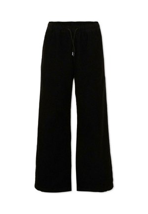 Pantaloni neri a gamba larga con texture a coste e vita elastica con coulisse frontale.