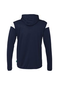 Sweatshirt à capuche bleu marine avec des accents blancs aux épaules, manches longues et texture lisse. Il dispose d'une capuche avec cordon de serrage et n'a aucun hardware visible.