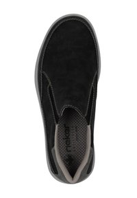 Black slip-on shoe with a smooth suede finish, grey accents, and contrast stitching. Features a padded collar and textured insole.