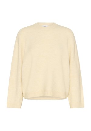 Krém színű, túldimenzionált pulóver, puha anyagból készült, kerek nyakkal, hosszú ujjal, bordázott mandzsettával és aljjal.
