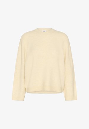 Krém színű, túldimenzionált pulóver, puha anyagból készült, kerek nyakkal, hosszú ujjal, bordázott mandzsettával és aljjal.