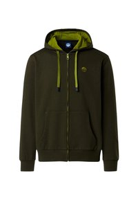 Felpa con cappuccio verde scuro con zip frontale e cordini. Presenta un rivestimento interno di un verde brillante a contrasto e due tasche frontali.