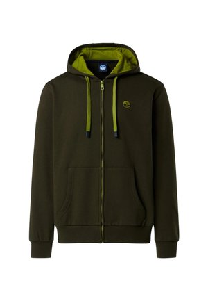 Felpa con cappuccio verde scuro con zip frontale e cordini. Presenta un rivestimento interno di un verde brillante a contrasto e due tasche frontali.