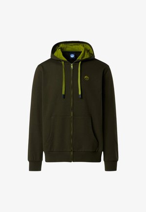 Dunkelgrüner Kapuzenpullover mit durchgehendem Reißverschluss und Kordelzügen. Verfügt über ein kontrastierendes hellgrünes Innenfutter und zwei vordere Taschen.