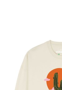 Crème-kleurige sweatshirt met een cactusafbeelding op een oranje cirkel met roze wolken. De stof ziet er zacht en gestructureerd uit.