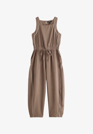 Brown sleeveless jumpsuit with square neckline, elastic waistband with tie, side pockets, and white piping along sides and armholes.