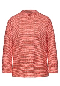 Maglione a righe rosse e bianche con un colletto alto, maniche a tre quarti e un tessuto morbido e strutturato. Design a vestibilità ampia.