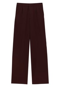 Pantalon à jambes larges de couleur marron foncé avec plis devant et poches latérales, doté d'une taille ajustée et d'un design épuré et élégant.